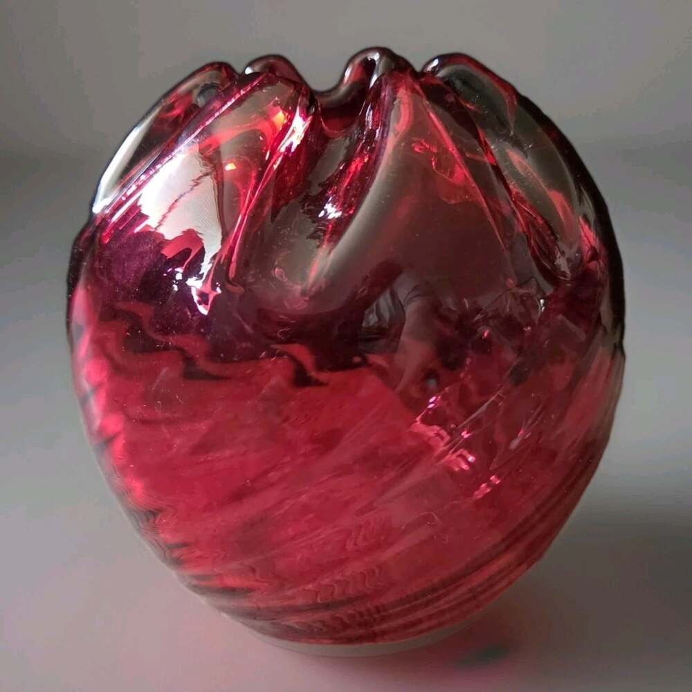 Vintage Cranberry Art Glass Rose Bowl Crimped Vase Hand Blown Swirl Ruby Red